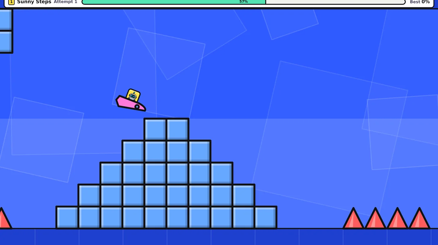 Spike Run: a student's avatar flies a ship over a pyramid of blocks